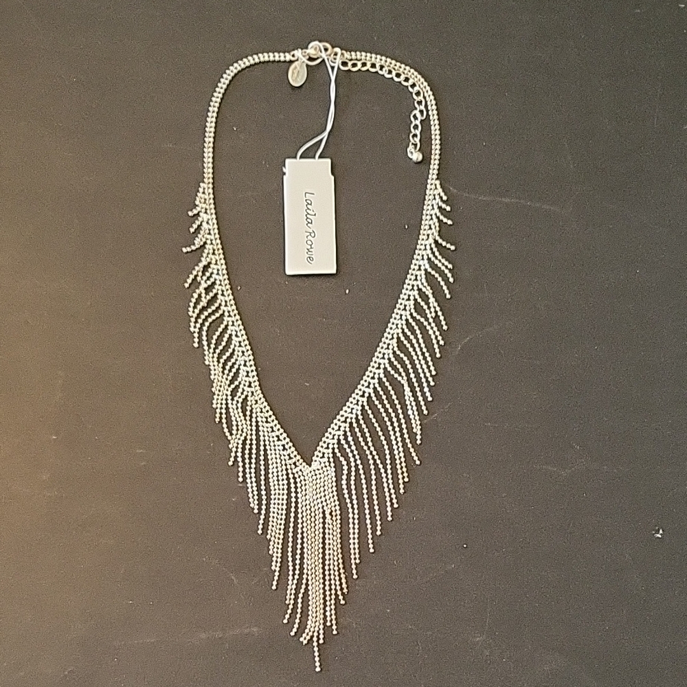 NEW Silver-tone Fringe Necklace with Modern V-Shaped Design, Laila Rowe